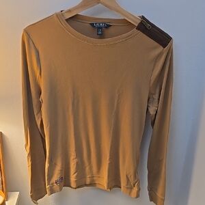 Ralph Lauren Brown Long Sleeve Top with Dark Brown Elbows And Zipper Detail Sz L
